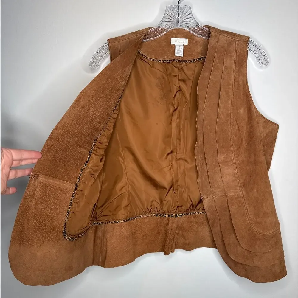 Chico’s Suede Leather Vest Brown Scalloped Hem western cowgirl Size 1 Medium